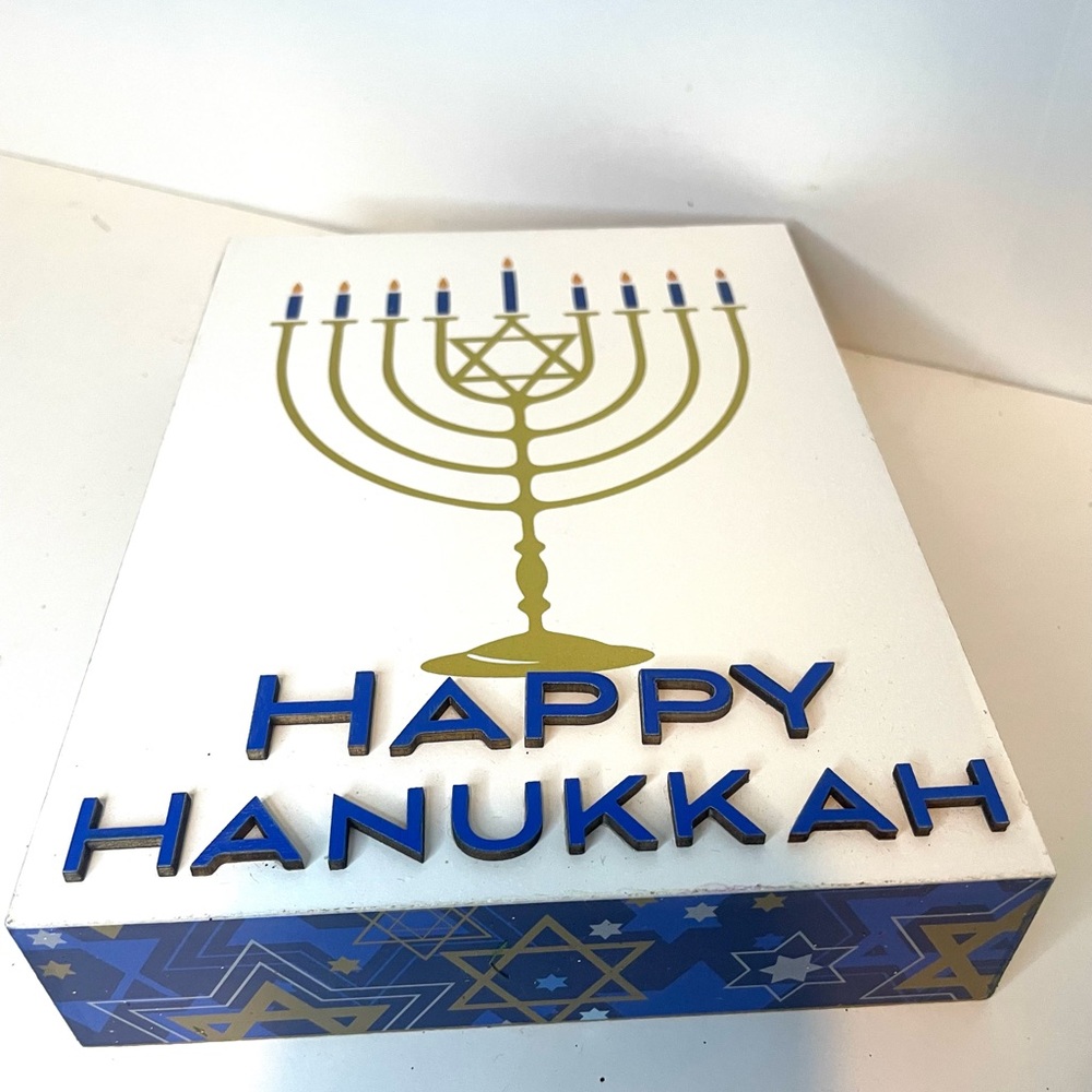 Happy Hanukkah Sign - Gold, Blue, White Wood, Table Decor, Wall Decor